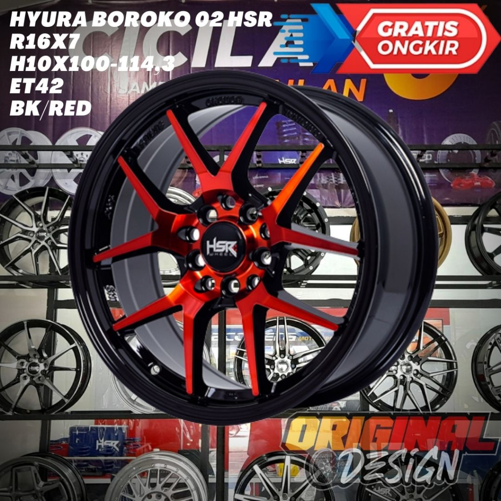 Velg Mobil Ring 16 HSR HYURA BOROKO 02 R16 LEBAR 7 LOBANG 5 ET42 BK/RED
