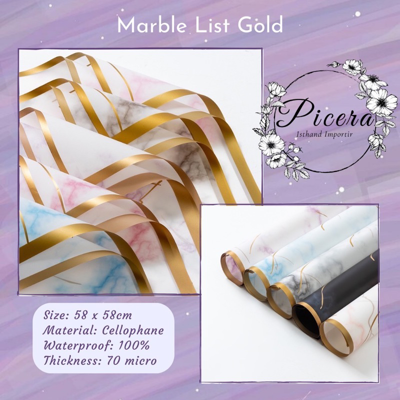 

Flower Wrapping Paper Marble List Gold Pastel Cellophane Waterproof Kertas Bungkus Pembungkus Bouquet Bucket Bunga Motif Marmer Emas Anti Air