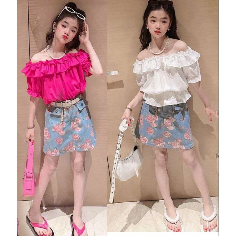 setelan sabrina anak perempuan import korean style 5 - 13 tahun FREE BELT setelan rok pendek anak pe