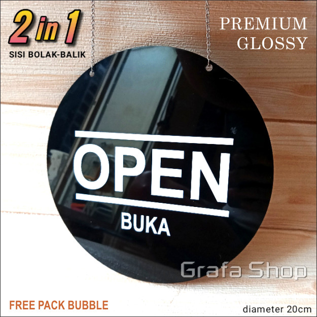 Tulisan Open Close bolak balik / buka tutup bulat acrylic