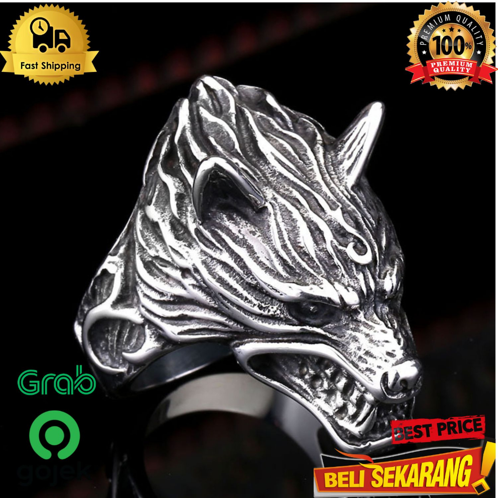 Cincin serigala adjustable pria silver titanium viking nordic ori ,/ cincin pria / cincin serigala /