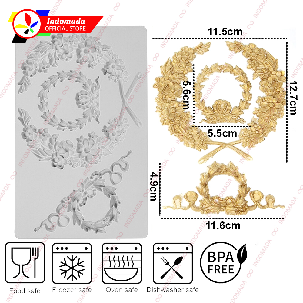 Indomada Cetakan Fondant Silikon Renda 3 Karangan Bunga Salam Eropah Besar 12.7 cm Kecil 5.6 cm Cokl