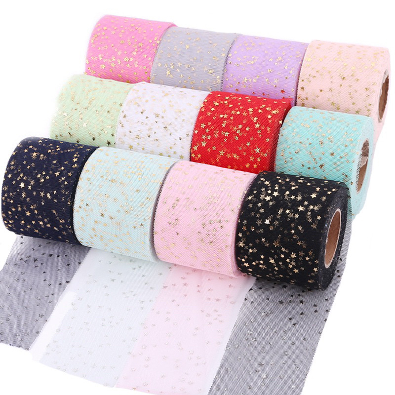 

ROLL Ribbon pita 6cm tile tulle dengan bintang emas gold mesh star lace pita kain DIY craft wrapping