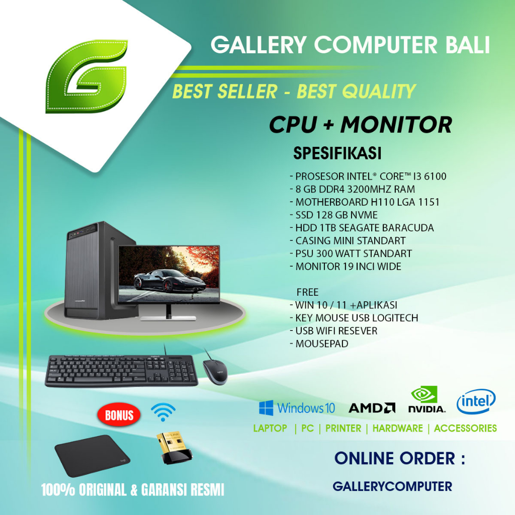 ( paket pc & monitor ssd+ hdd ) komputer pc rakitan intel core i3 gen6