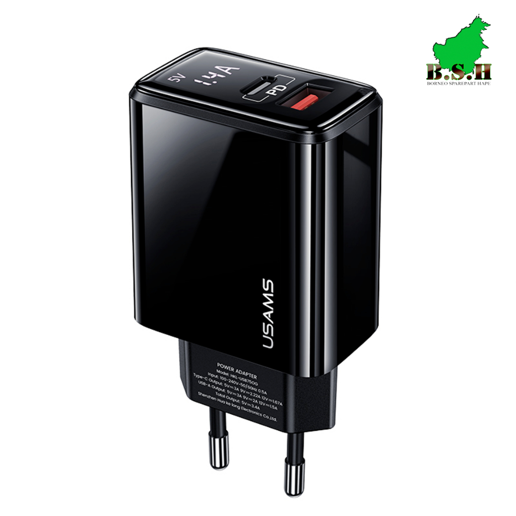 Adapter Charger Usams T40 Fast Charge Digital Display QC3.0 PD 20W