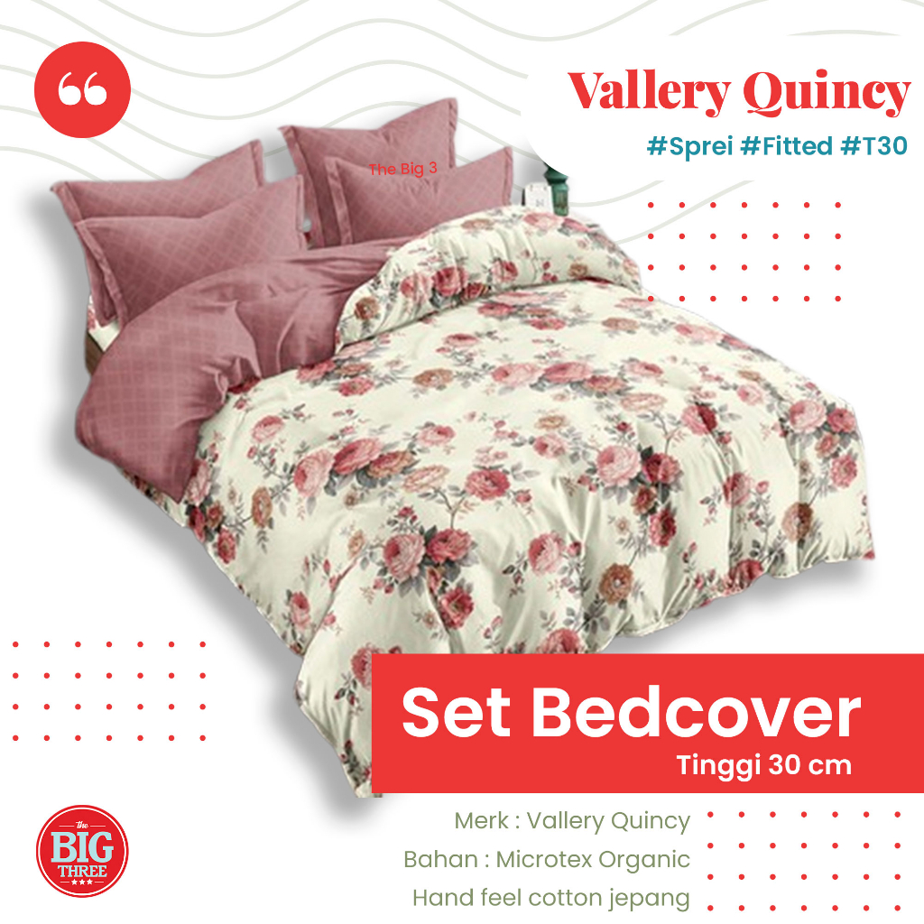 Vallery Quincy Set Bedcover + Sprei Fitted/Flat Tinggi 30 180x200 Bantal 4 - Beryl Grisella Haysel J