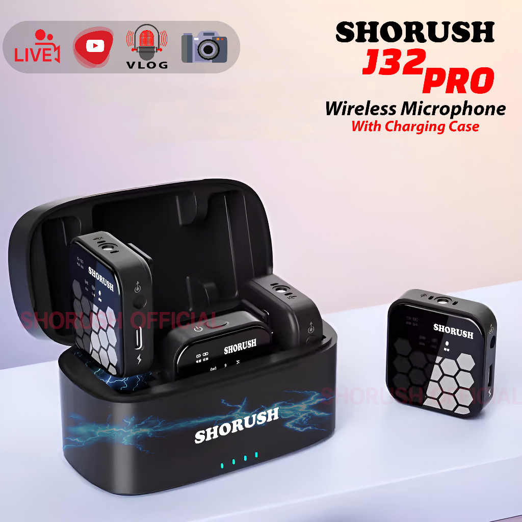 Shorush J32 Pro Wireless Microphone Clip On Mic Hp dan Kamera Lavalier Mikrofon untuk Konten Live Vl