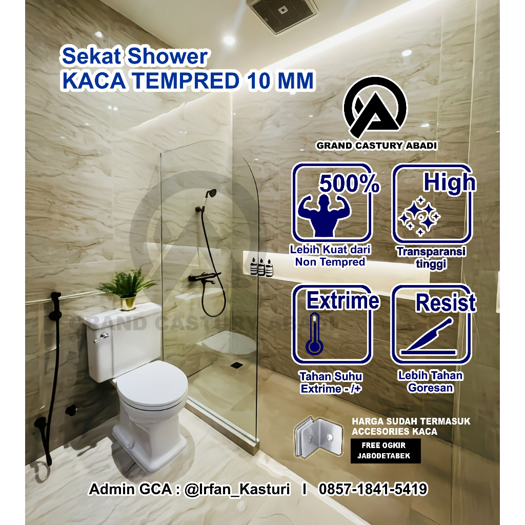 Kaca Sekat Kamar mandi Shower Semi Rouned 10mm Tempred Glass