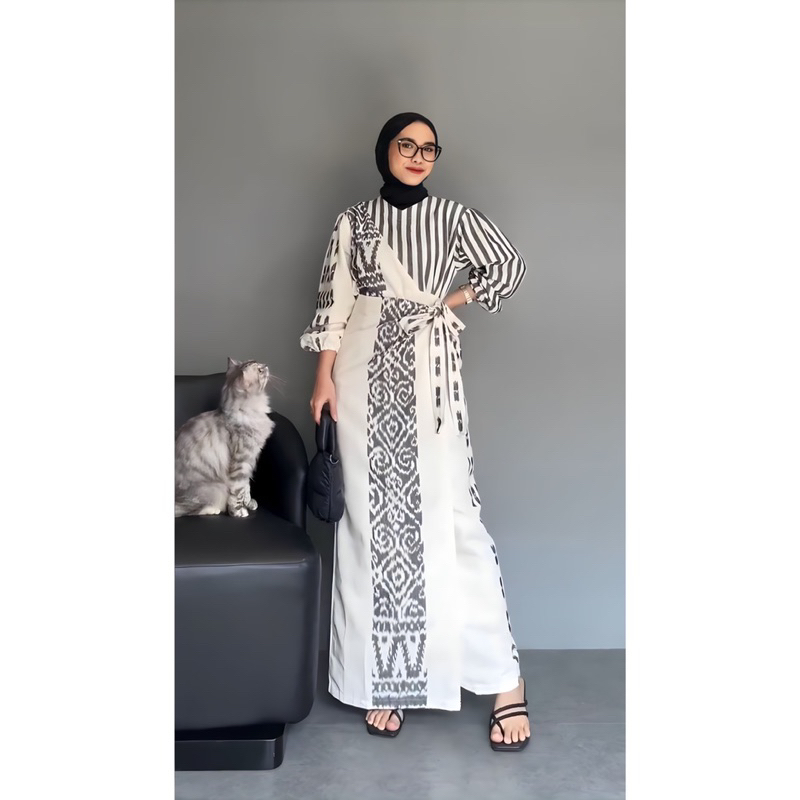 New Arrival Dress Tenun Ethnic Kombinasi Lurik Dress Tenun Kondangan Gamis Tenun Kondangan Outfit Ke