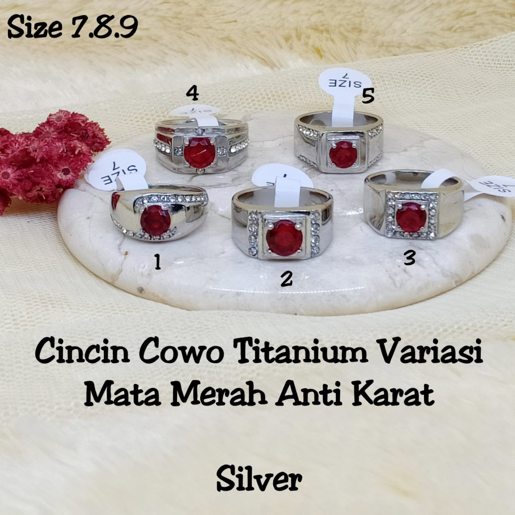 Cincin Titanium Batu Zircon Merah Pria Cowok Silver Anti-Karat Super Keren Stainless Steel Casual Ke