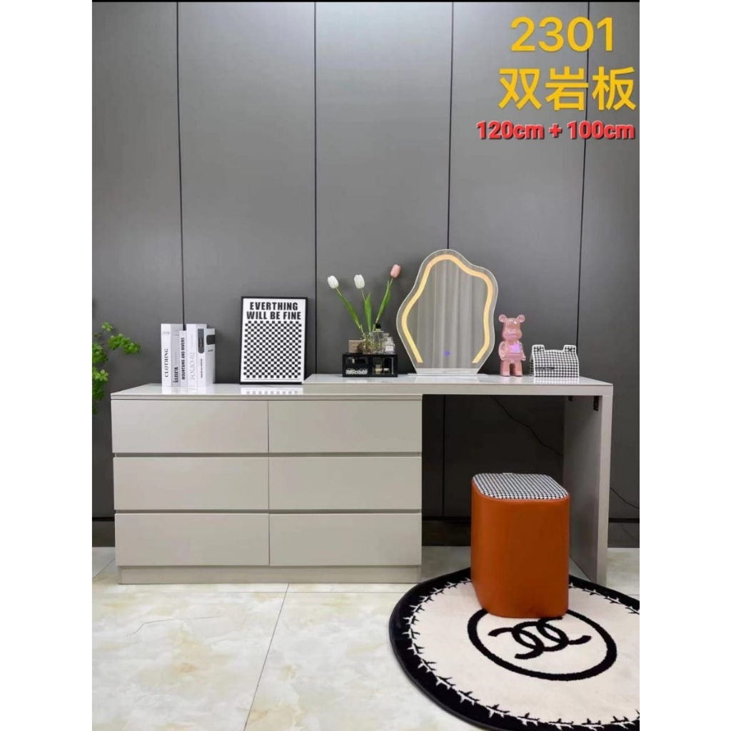 Meja Rias Hias TV Cabinet Minimalis dengan LED Light Mewah Table Top Granite