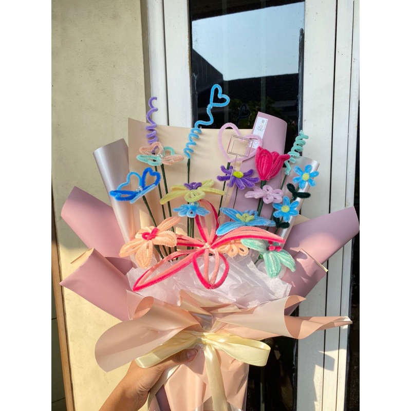 Bouquet Bunga Artificial Kawat Bulu Pastel [LARGE]