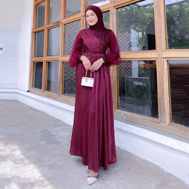 BATIK SOLO - Gamis Brukat Maxi Dress Auliya Lengan Panjang Baju Kondangan Wanita Kekinian Dress Brid