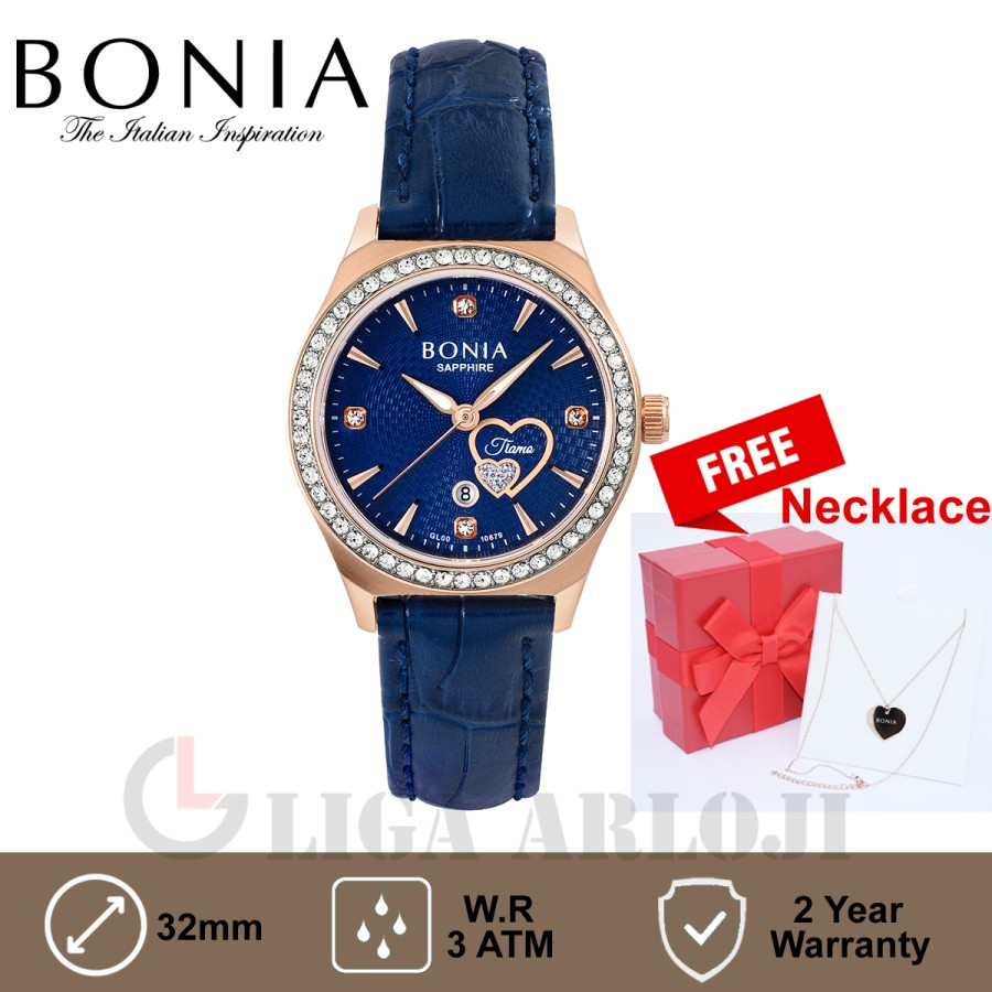 Bonia BNB10680-2582S Jam Tangan Wanita Analog Rose Biru Bonus Kalung