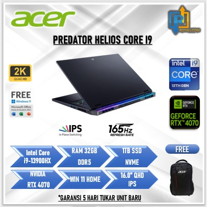 Laptop Gaming acer Helios RTX4070 core i9 13900HX 32GB 1TB 16.0QHD IPS