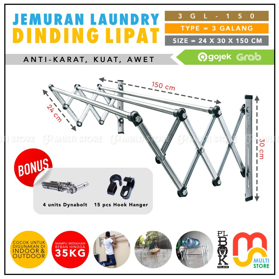 Jemuran Dinding Lipat Stainless 150 CM 3 Galang Kuat Murah Anti Karat