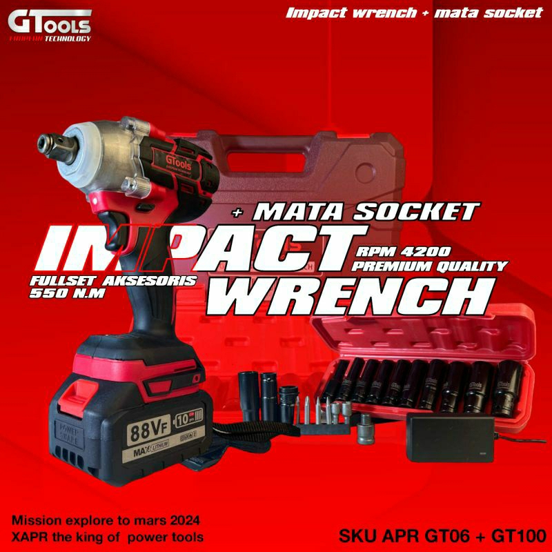 GTOOLS GT06 impact wrench 88v 550nm garansi resmi 2baterai bonus mata sock GT100 promo hanya 1hari