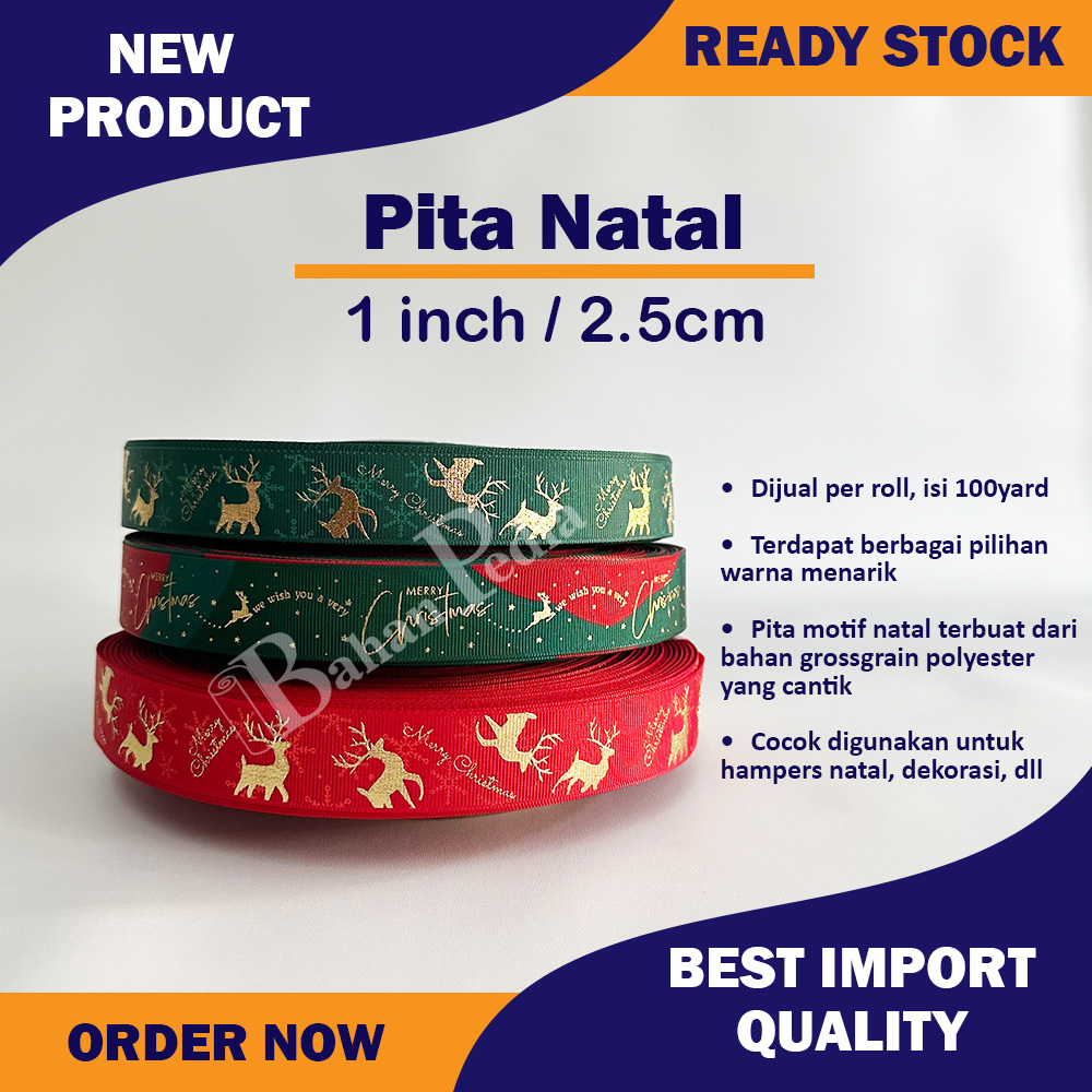 

[Roll 100yard] Pita Christmas Grossgrain Polyester Hampers Natal 1inch