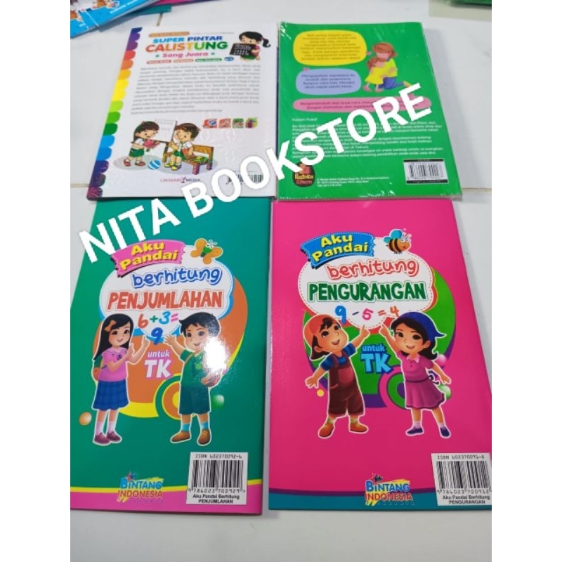 PAKET 4  AKU PANDAI BERHITUNG PENJUMLAHAN- AKU PANDAI BERHITUNG PENGURANGAN -SUPER PINTAR CALISTUNG SANG JUARA -60 JAM PINTAR BACA TANPA DIEJA ORIGINAL FULL COLOUR