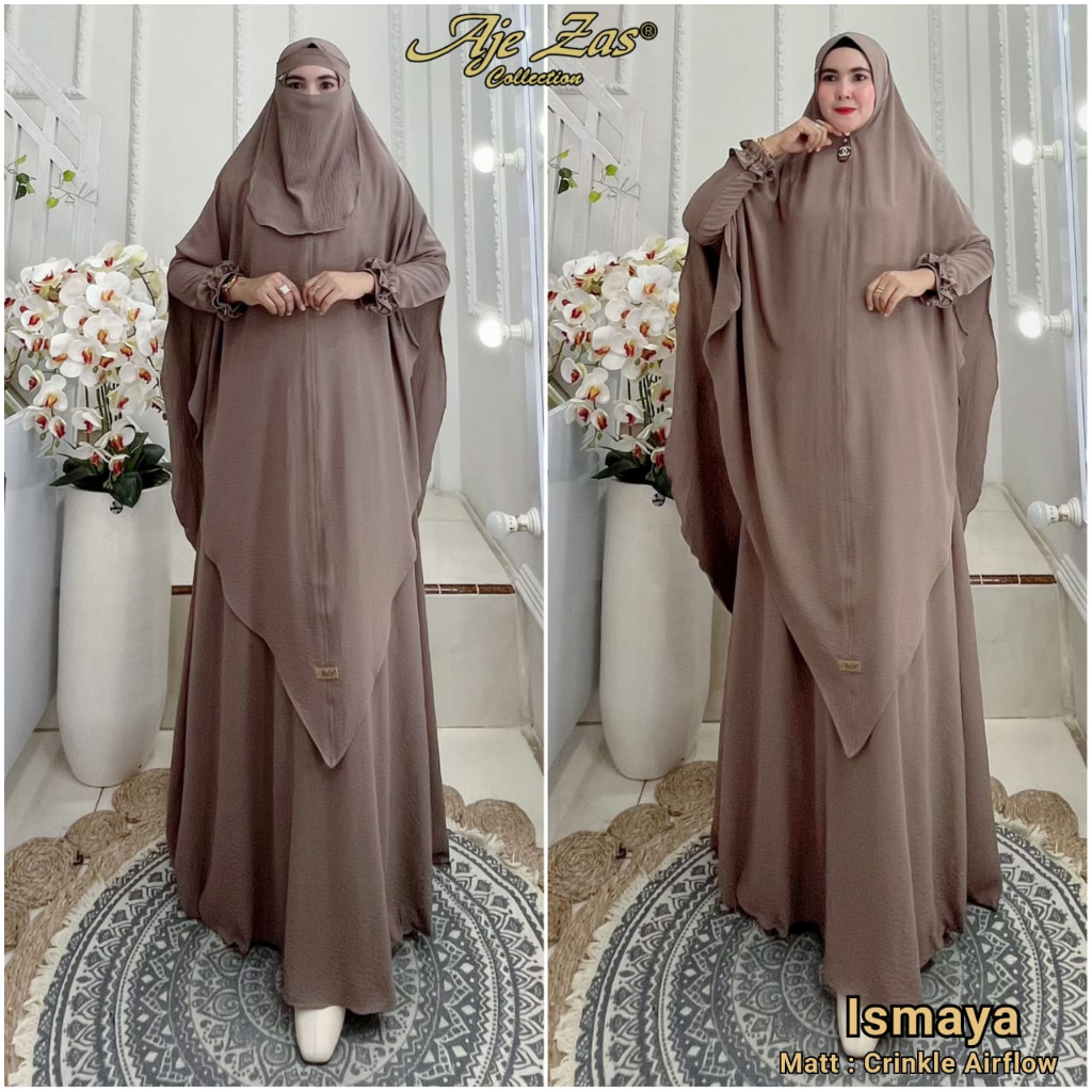 AJE ZAS - Gamis/Jubah Set Hijab Pet Polos Syar'i Kode - ISMAYA Bahan Crinkle Airflow