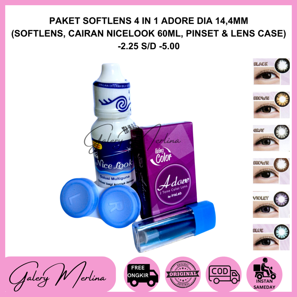 PAKET SOFTLENS 4IN1 ADORE 1 TONE  & 2 TONE DIA 14,4 mm NORMAL MINUS -2.25.S/D -5.00 / SOFTLEN + CAIR