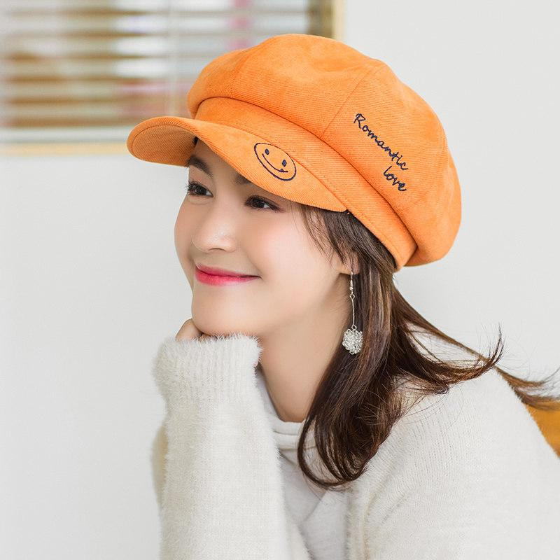 Topi Baret Bordir Senyum Katun Lucu untuk Wanita Topi Oktagonal Versi Korea Impor