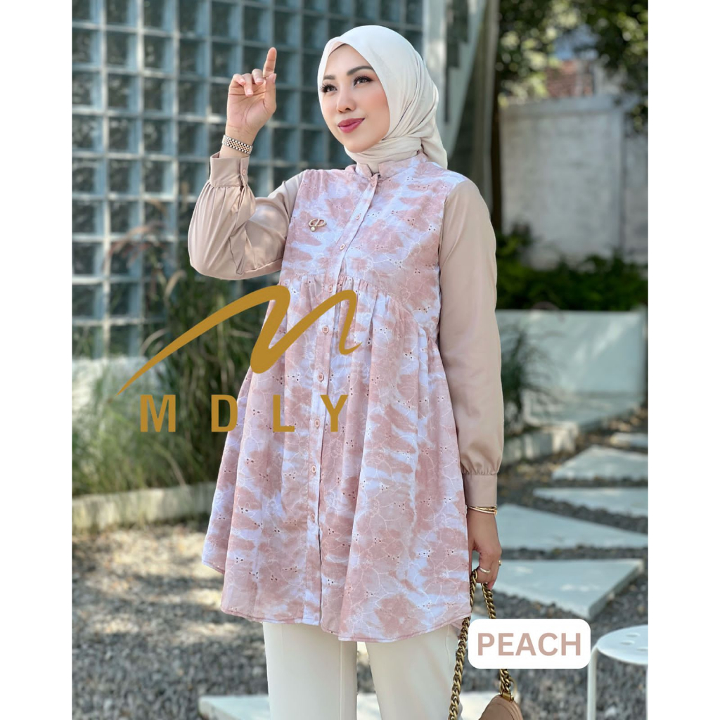 MDLY Helua Tunik atasan Wanita kantor bahan katun bordir Lengan Panjang Motif abstrak casual promo