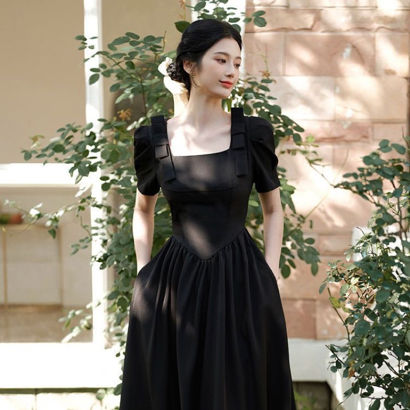 [ Stretch Series ] French Square Neck Puff Sleeve - Scuba Dress