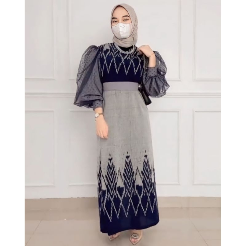 GAMIS REYNA DRESS TENUN IKAT ASLI MIX TILE POLKADOT
