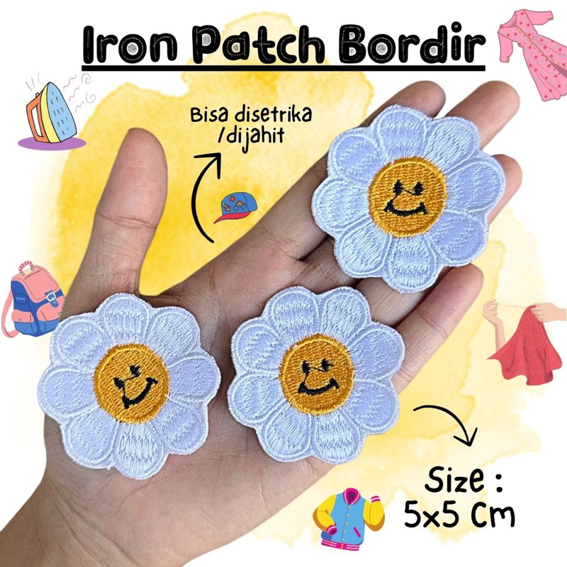 ( BISA SETRIKA / JAHIT ) Iron Patch Bunga Daisy Smile Patch Iron Flower White Emblem Bordir Bunga Pu