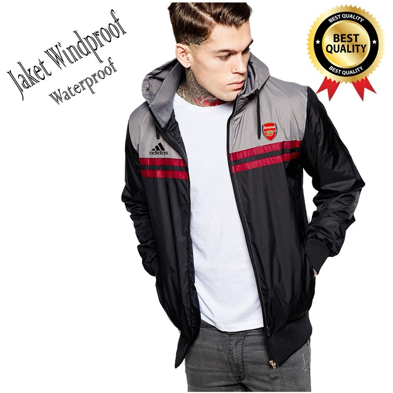 Bisa Custom Jaket Bomber Kupluk Pria Arsenal/Jaket Parasut Pria/Jaket Pria Keren/Jaket Cowok/Jaket P