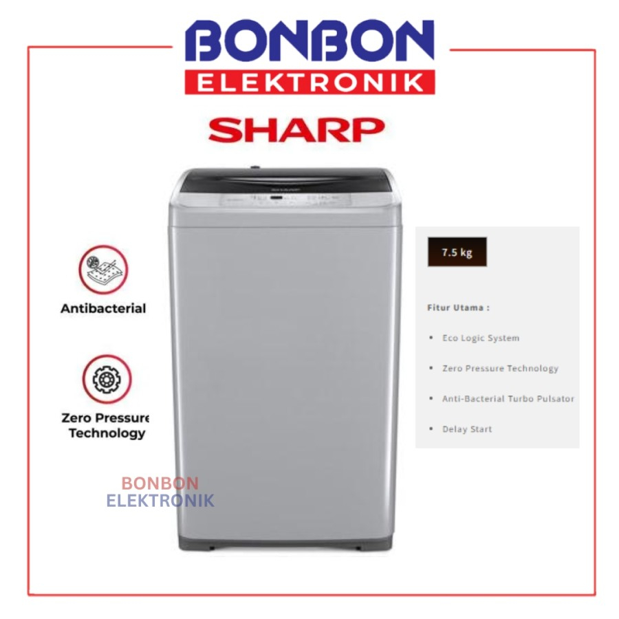 SHARP Mesin Cuci Top Loading ES-F950P-GY / ESF950PGY 1 Tabung 7.5 kg
