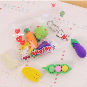 

1set Penghapus Pensil Isi 4pcs Motif Karakter Fruit Food Penghapus Bentuk Buah Sayur Hapusan Eraser