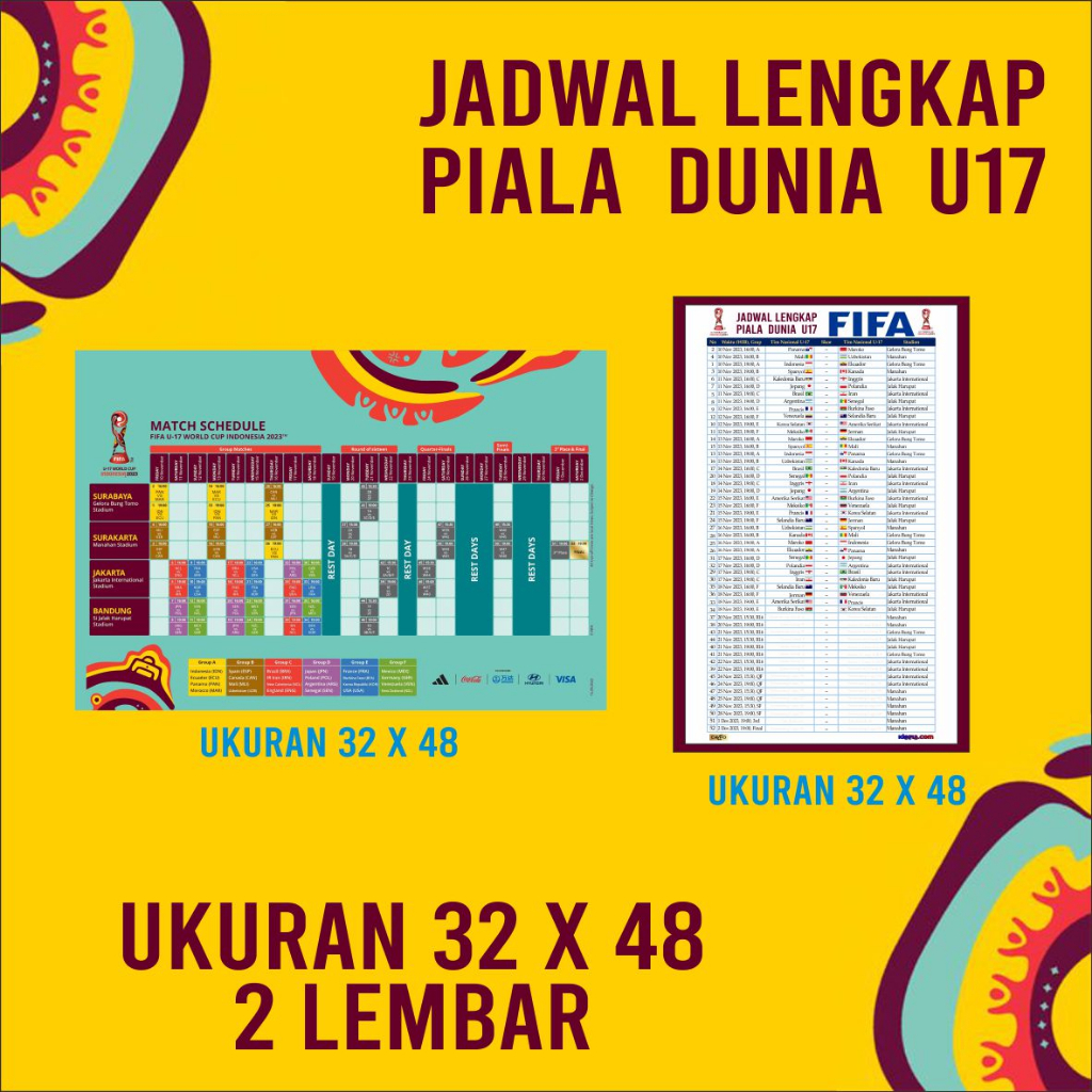 JADWAL PIALA DUNIA INDONESIA 2023 / JADWAL PIALA DUNIA INDONESIA TERUPDATE UKURAN 31 X 47 CM / POSTE