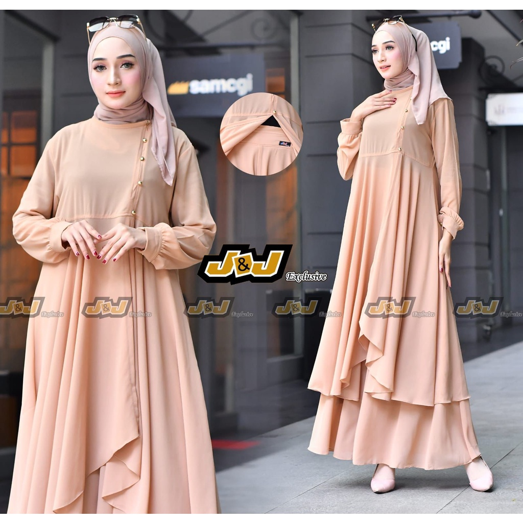 Gamis Wanita Premium Murah Bahan Ceruty Model Atasan Pinggang Baby Doll Lengan Panjang Balon Berkanc
