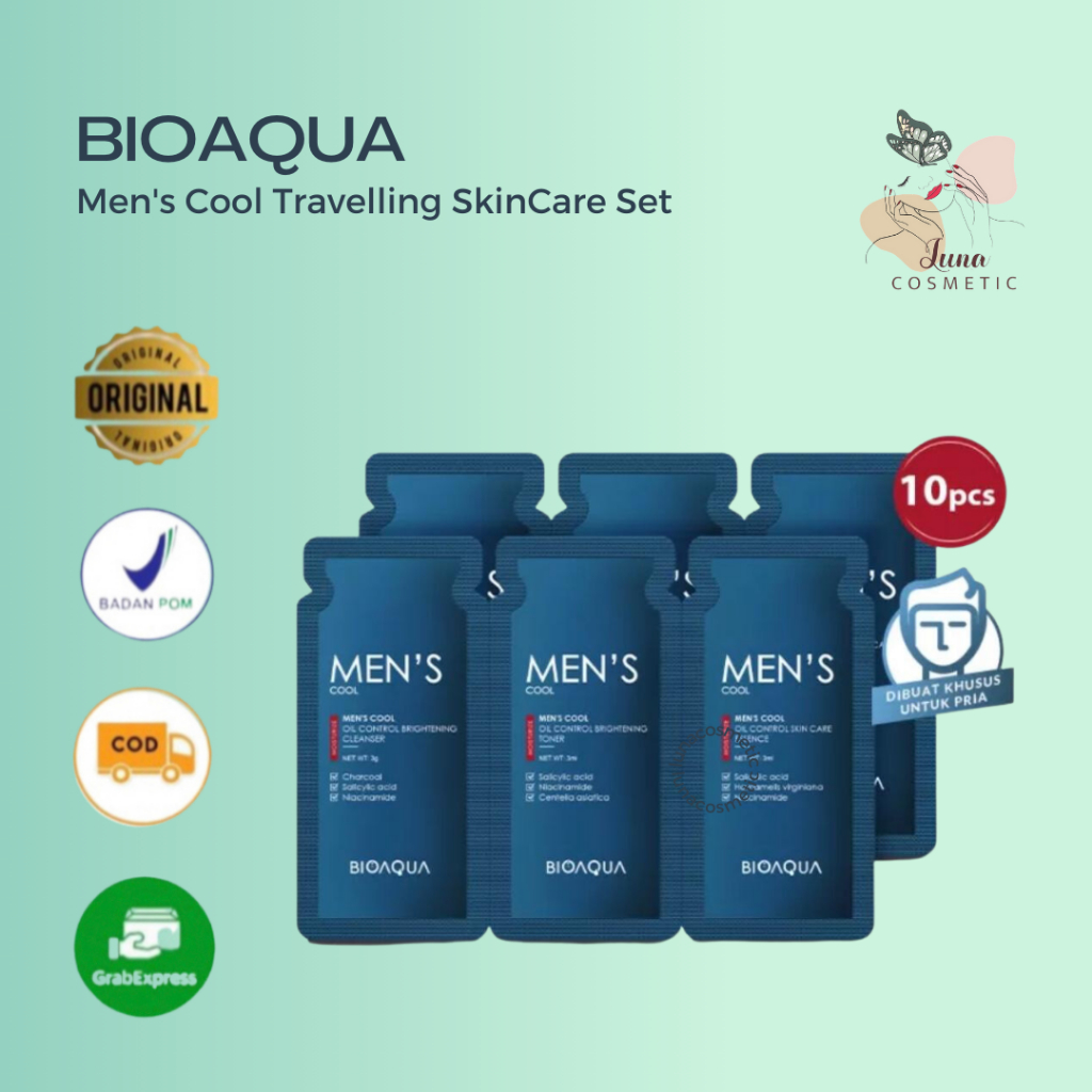 BIOAQUA Men's Cool Travelling SkinCare Set Praktis Dibawa Skincare Sample Size With Cleanser/Toner/E