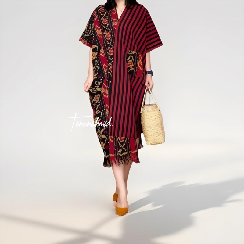 Kaftan dress batik wanita motif tenun mix lurik