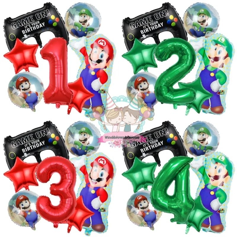WINDBLOWN BALON SET HBD MARIO LUIGI BIRTHDAY BOY GIRL WITH STICK PSP GAME