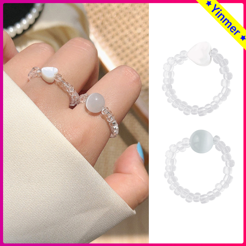 COD✨ Cincin Manik-manik Korea Gaya Hati Cinta Peral Aesthetic Cincin Adjustable Fashion Ring Untuk Wanita INS-Yinmer