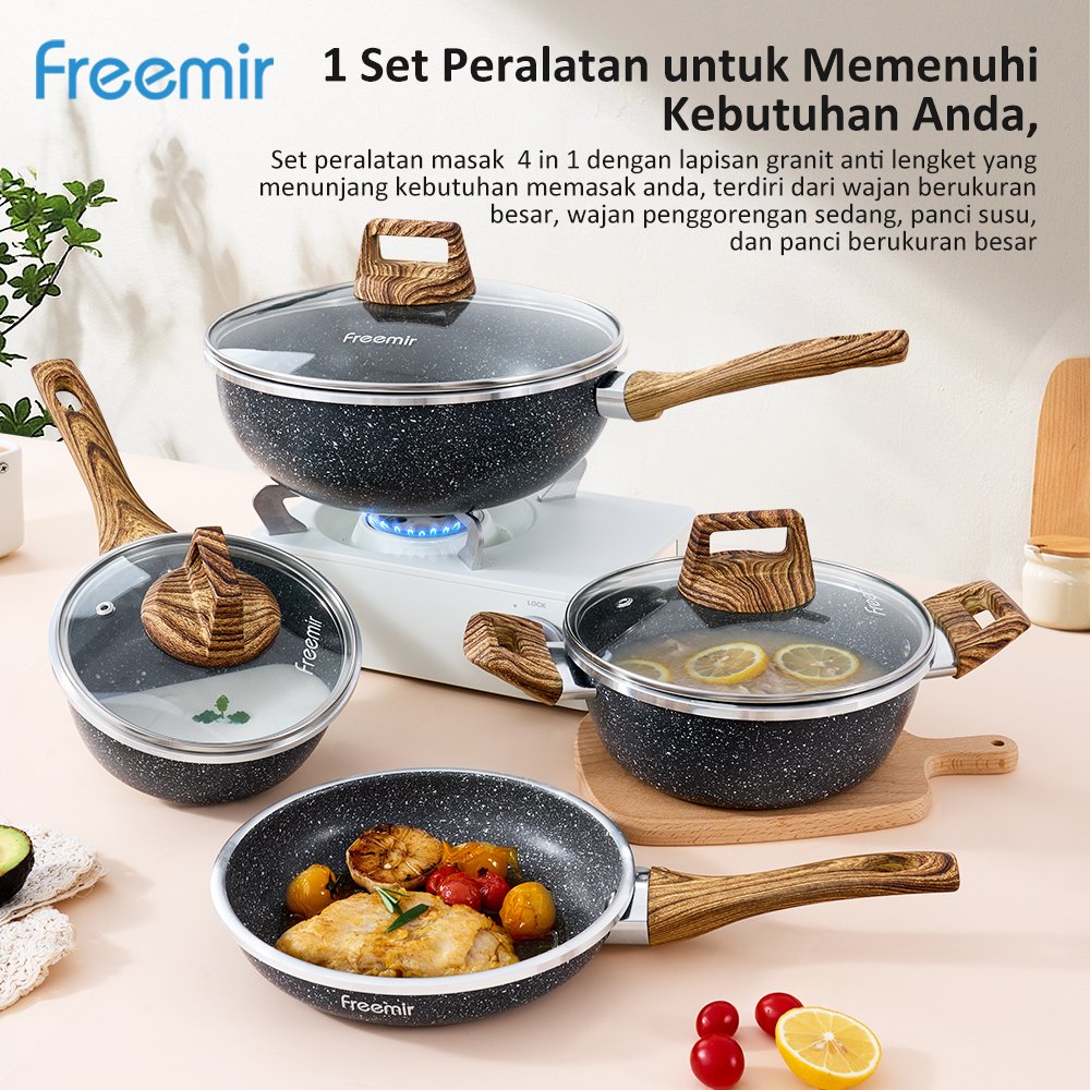 [OFFICIAL MALL] freemir Set 7 Pcs Wajan Panci 26/20/20/16 Cm Anti Lengket Lapisan Granit Alat Masak Lengkap