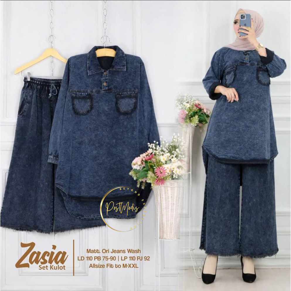 Zasia Set Jeans Setelan Marvien Tunik dan Kulot Rawis Snow Biru dan Hitam RSS
