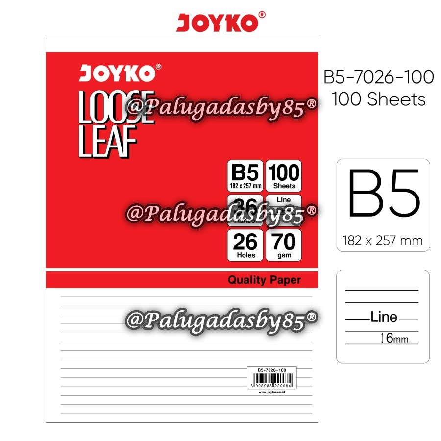 

(1 Pak Isi 100 Lembar) GROSIR Loose Leaf JOYKO B5 100 Lembar / Loose Leaf Isi Kertas File Binder Joyko B5-7026-100 / Joyko B5 7026 100 / Joyko B5-7026 100