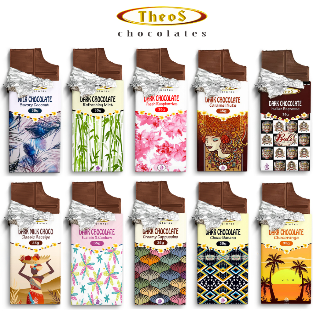 

Theos Chocolates - Chocolate Bar 35g (10 Varian Dark/Milk Chocolate Pack)