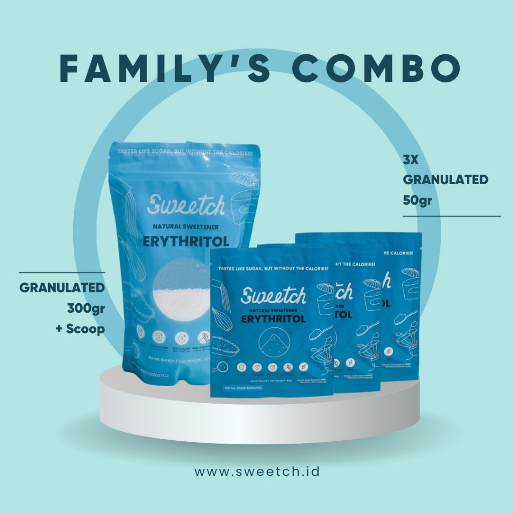 

Sweetch Erythritol Family Combo (Granulated Erythritol 300gr + 3x Granulated Erythritol 50gr) / Pemanis Alami Tanpa Kalori / Pemanis Pengganti Gula / Gula Diabetes