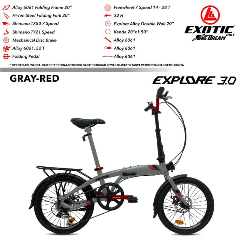 SEPEDA LIPAT REMAJA DEWASA 20 INCH EXOTIC EXPLORE 3.0 ALLOY 7SPEED SHIMANO