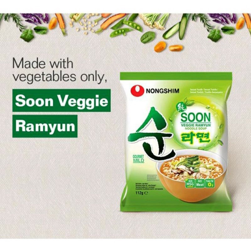 Nongshim Soon Veggie Ramyun korea Noodle Vegetarian 112gr (halal), Mie Instant Korea, Ramen korea