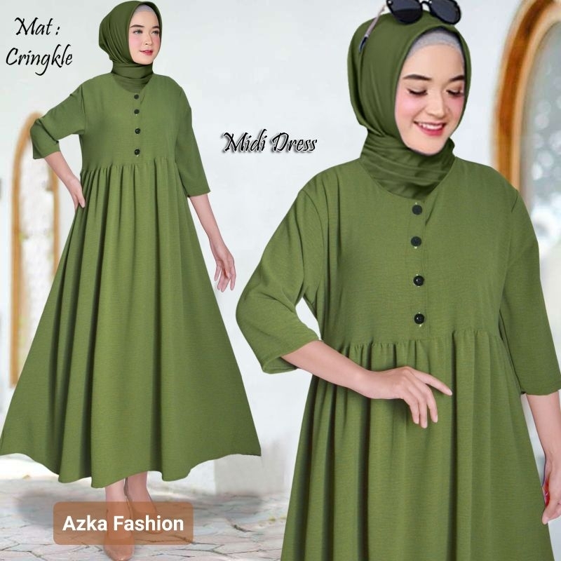 Midi Dress Crinkle Air Flow Serut Pinggang /midi dress crinkle /midi dress premium / midi dress seru