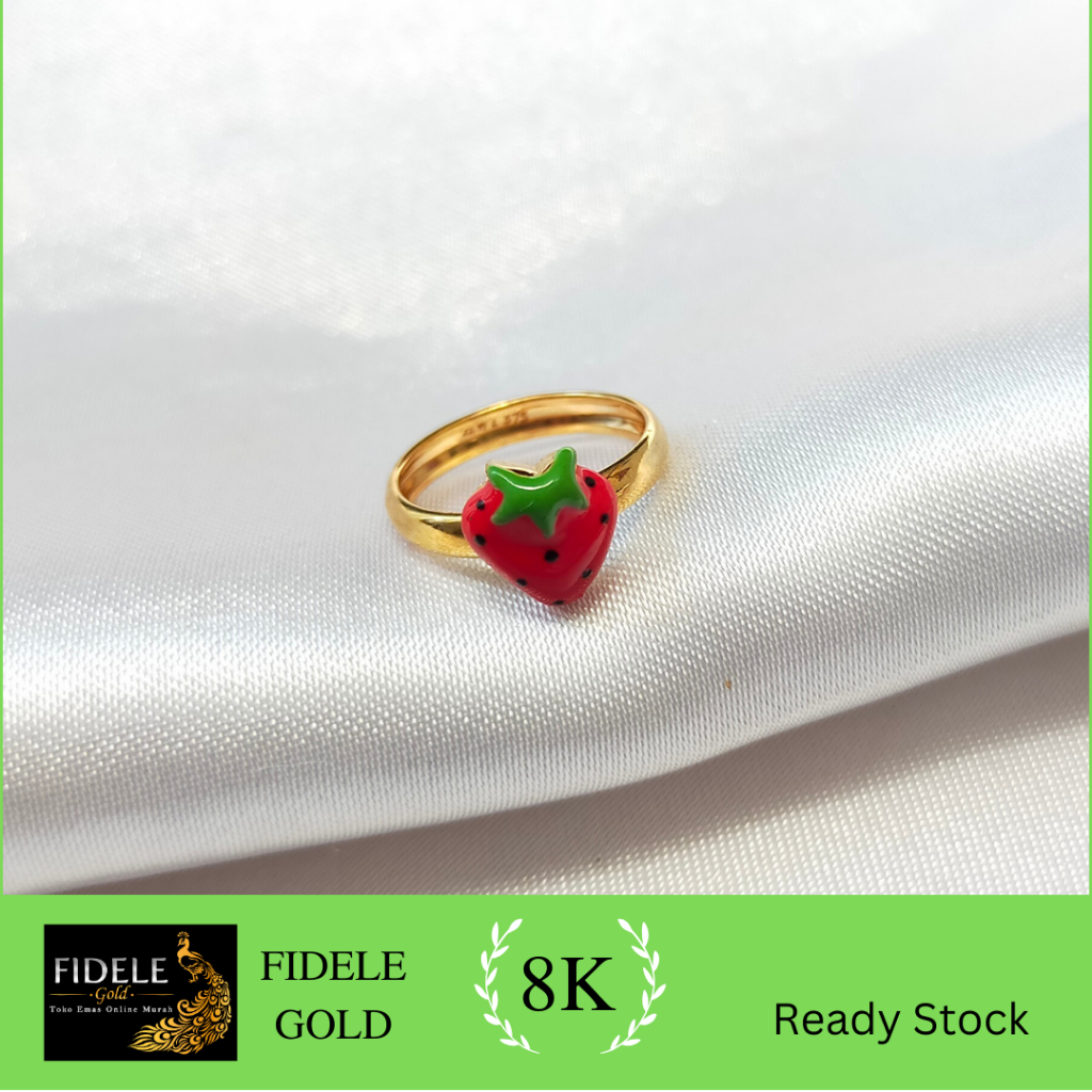 Cincin Bayi Anak stroberi Emas Asli Perhiasan bayi permata emas solid 375 8k