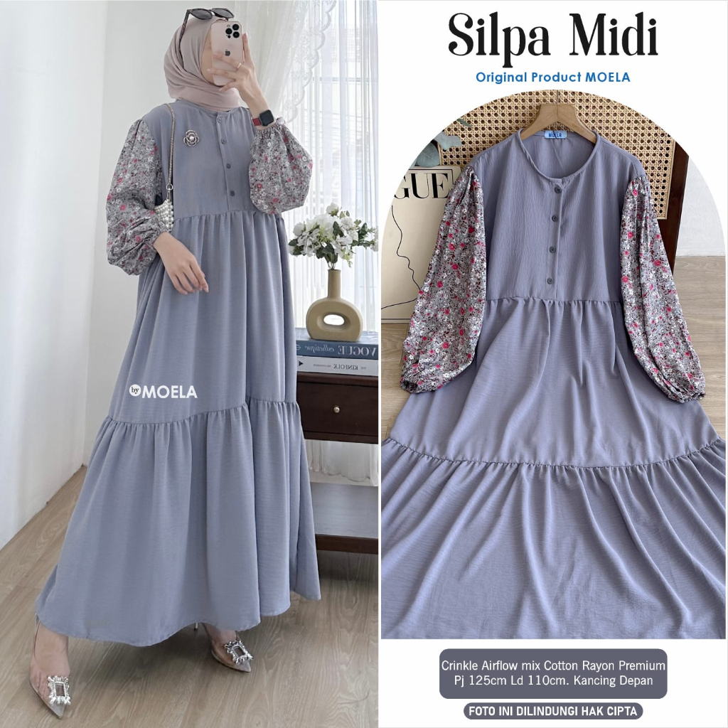 [LD 110] SILPA MIDI DRESS GAMIS WANITA PESTA CRINKLE AIRFLOW MIX RAYON PREMIUM ORI BY MOELA