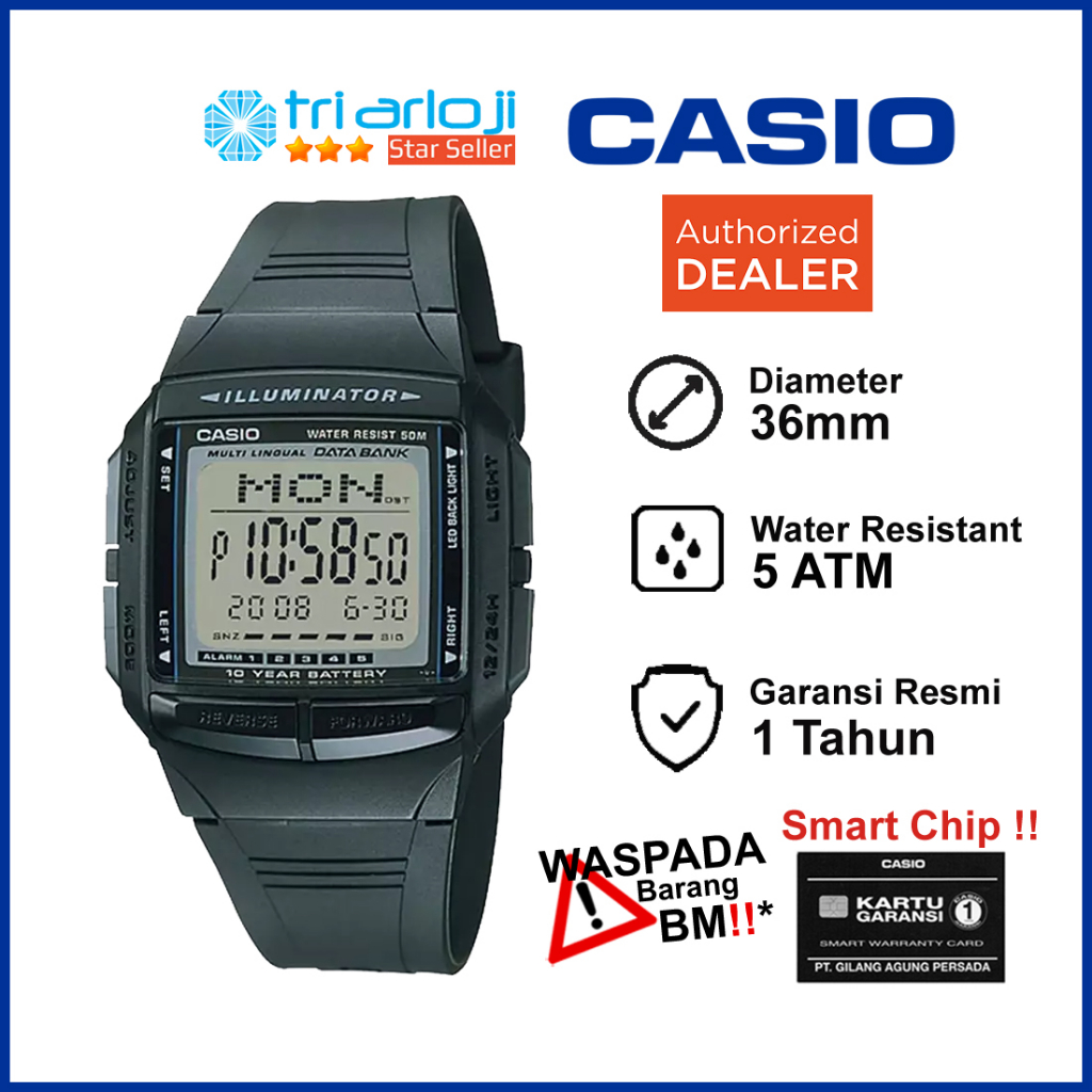 CASIO DB-36-1AVDF Jam Tangan Unisex Digital Data Bank Rubber Hitam DB-36-1A DB36